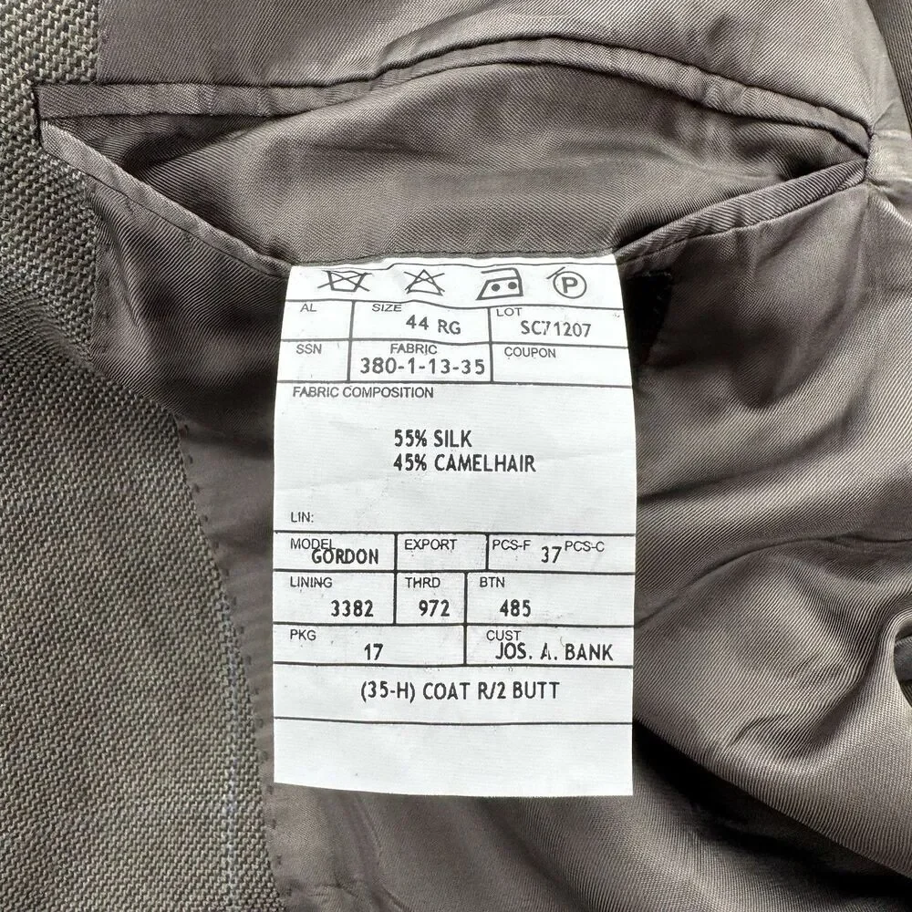 Jos A Bank 44R Sport Coat Blazer Taupe Gray Silk Camel Hair Windowpane